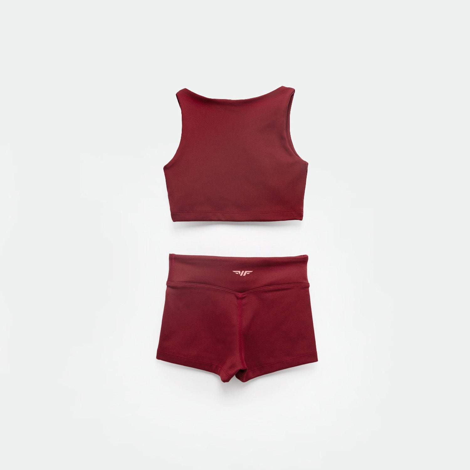 a back view for matching set POMEGRANATE-RED BROWN crop top and short with logo 