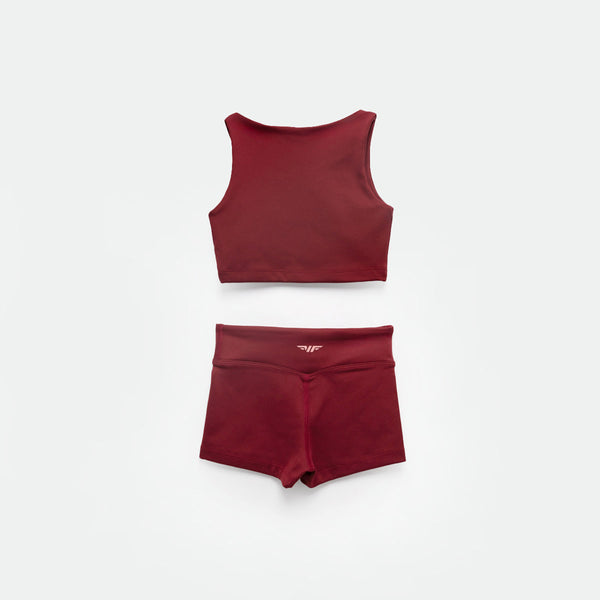 a back view for matching set POMEGRANATE-RED BROWN crop top and short with logo 