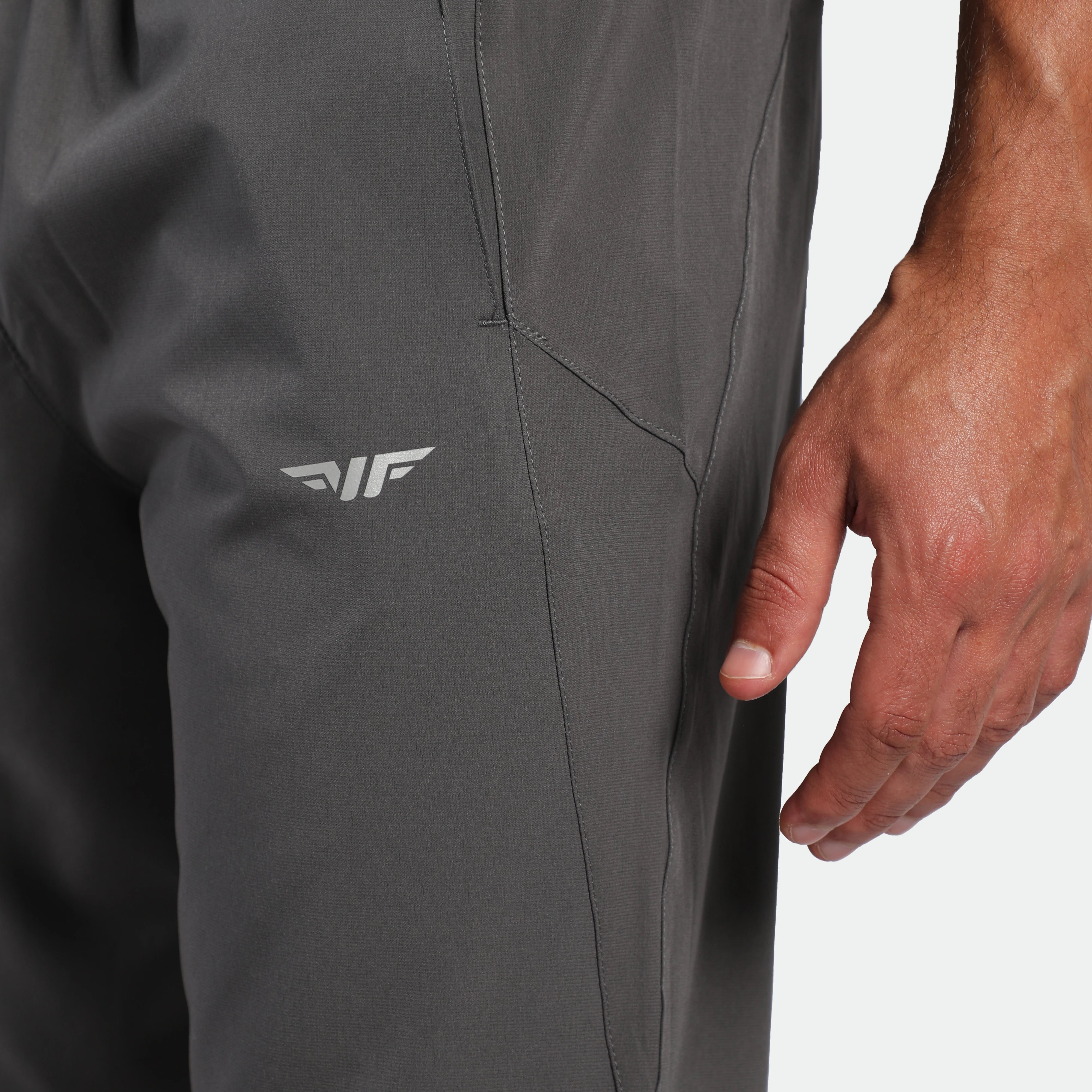 close up view for pants poppy grey with logo 