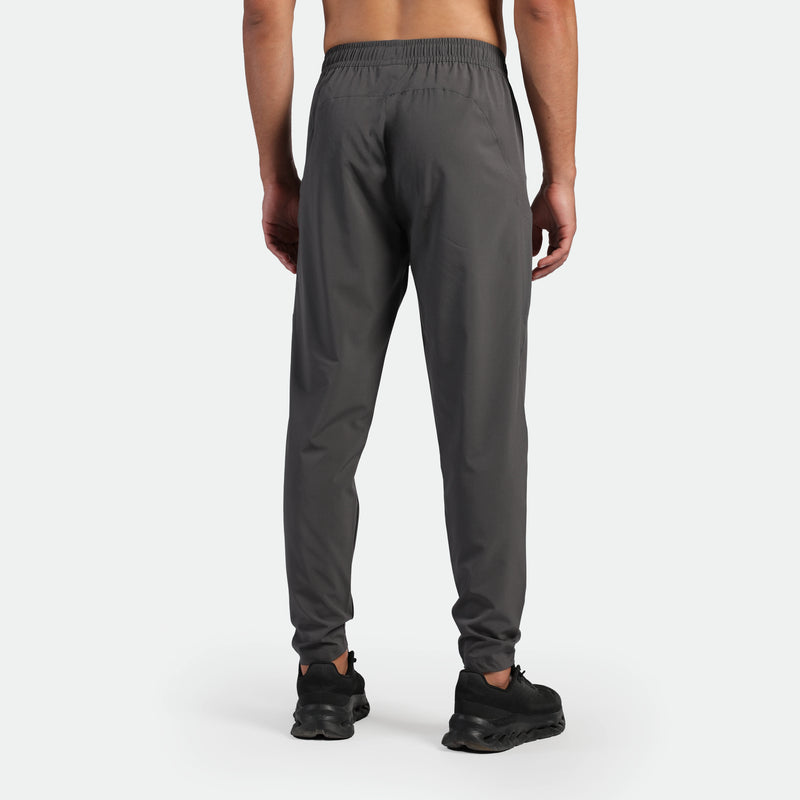 a back view for fit man wearing pants poppy  seed grey ,plus the shoes black 