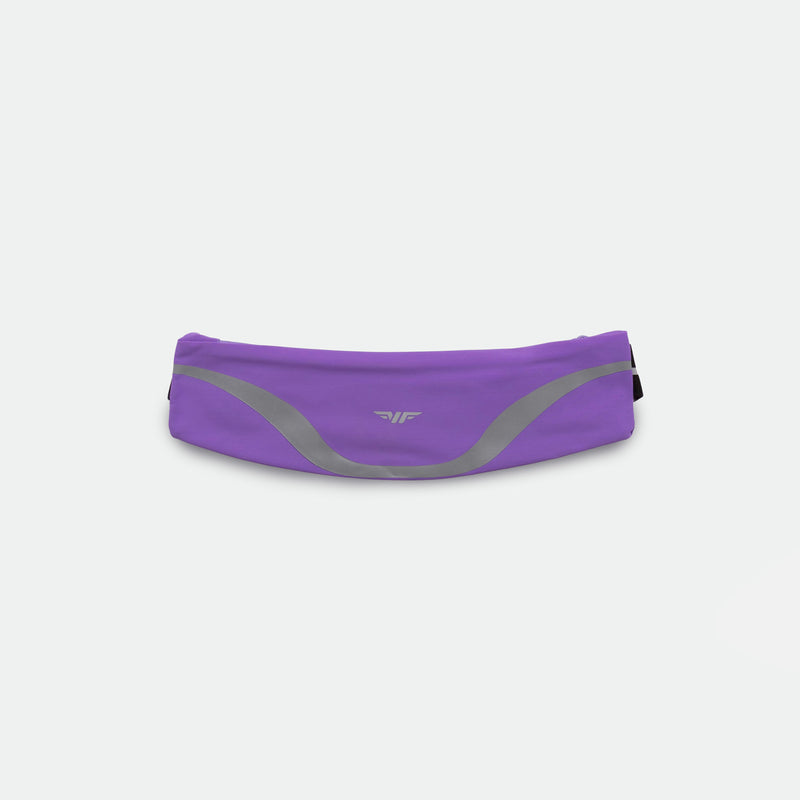 A purple waist bag with a gray stripe, designed for running.