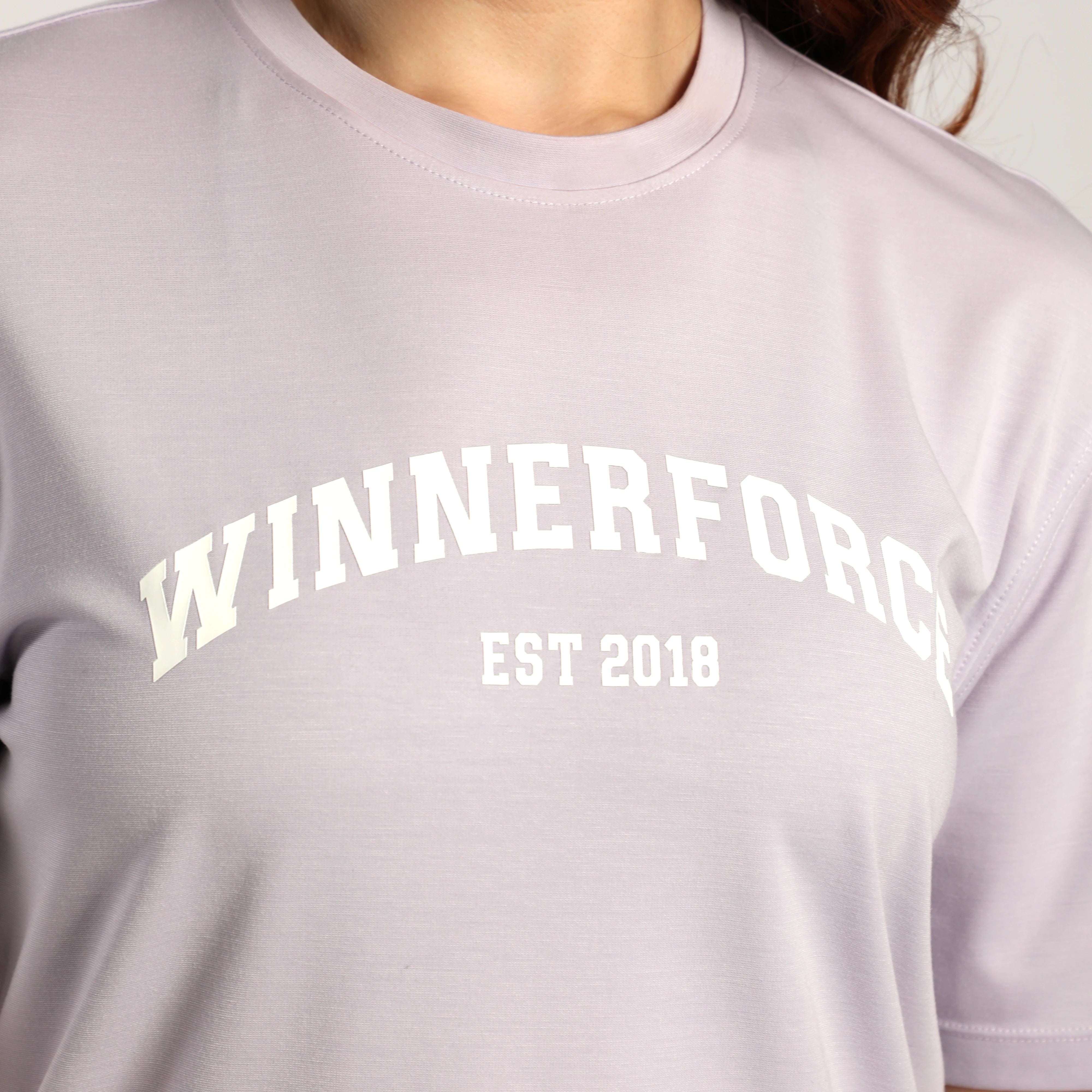 close up view for fit woman wearing t-shirt purple  
