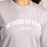 close up view for fit woman wearing t-shirt purple  