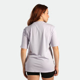 a back view for fit woman wearing t-shirt purple 96830-345-XS
