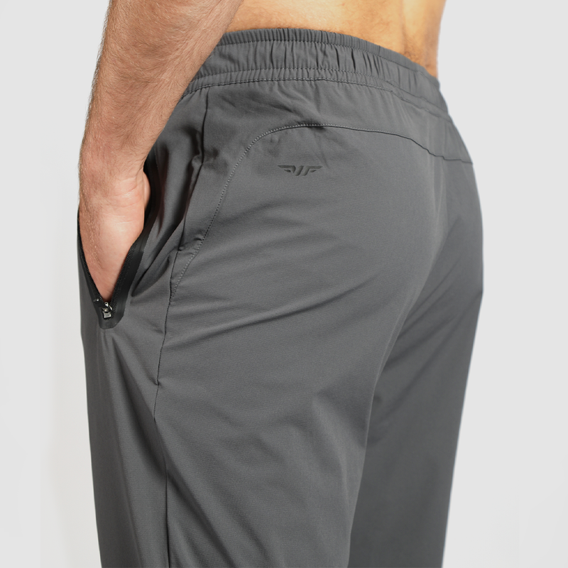 a back view for man wearing pants grey 