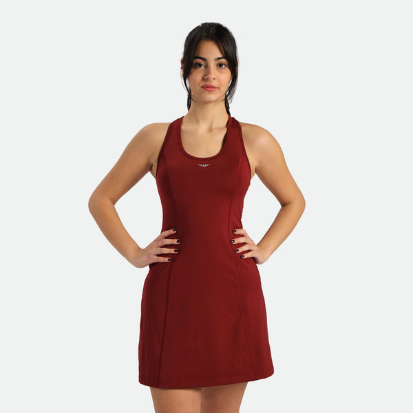 a fit woman wearing dress red with logo 