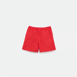 a back view for short bright red with background light grey 
