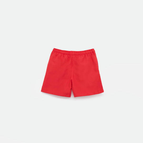 a back view for short bright red with background light grey 