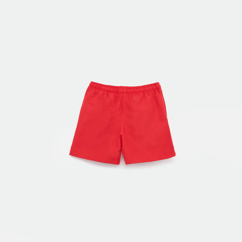 a back view for short bright red with background light grey 