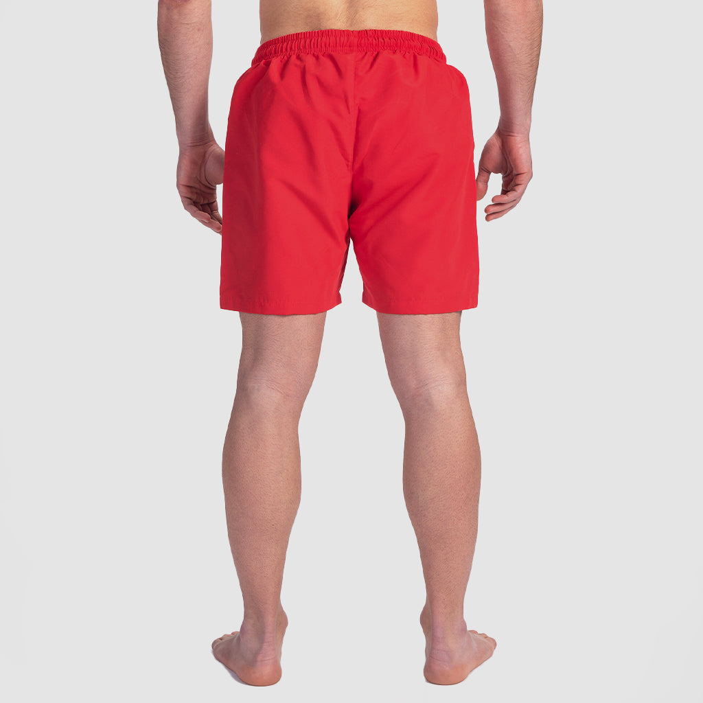 a back view for fit man wearing short red 
