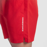 close up view for man wearing short  red with logo 