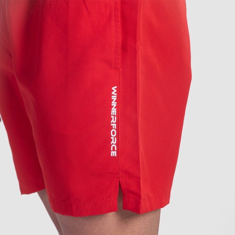 close up view for man wearing short  red with logo 