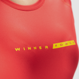 close up view for t-shirt red with logo yellow 