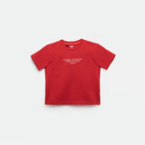 a t-shirt red with print logo a tow color with background light grey 