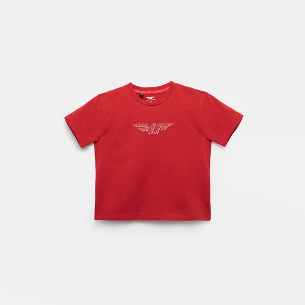 a t-shirt red with print logo a tow color with background light grey 