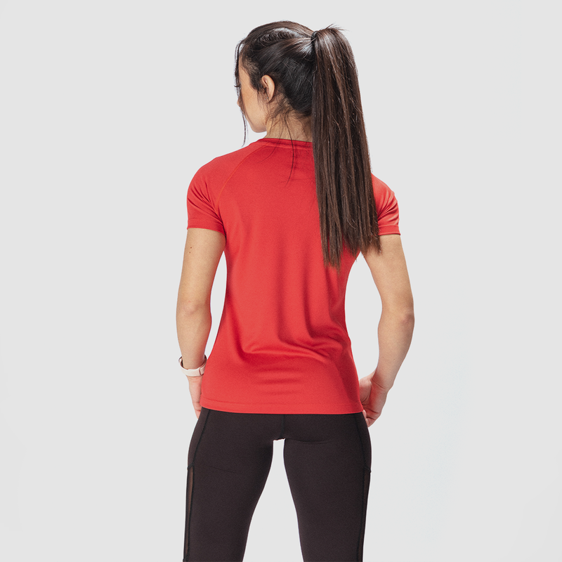 a back view for fit woman wearing t-shirt red with legging  black 