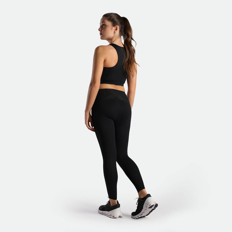 a back view for fit woman wearing matching set black ,bra and legging plus the shoes black 