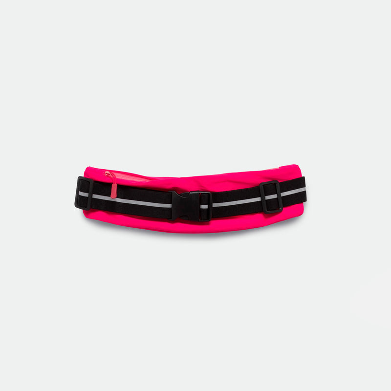 a royal purple fanny pack with a black buckle and reflective stripes lies against a plain white background,  