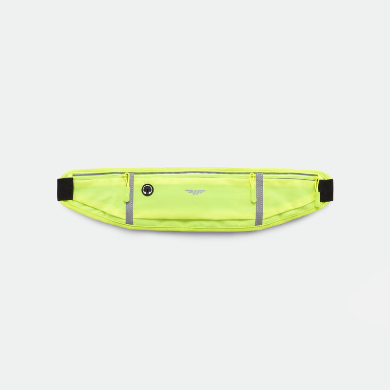 A SAFETY-YELLOW running belt with three zippered pockets featuring bright yellow zippers, displayed against a plain light gray background.