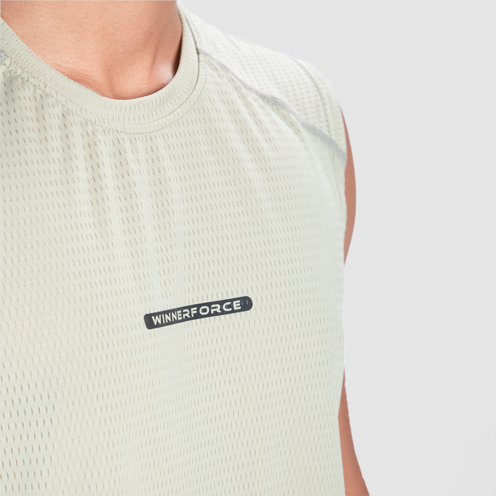 close up view for tank sage green  with logo