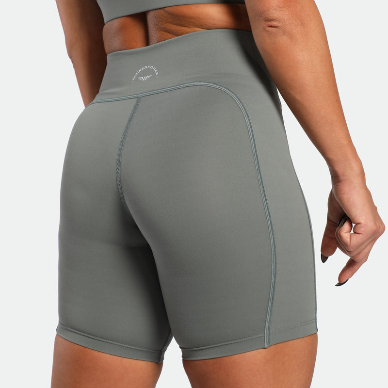 a back view for back view of woman wearing short sage grey 