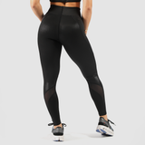 a back view for fit woman wearing legging black with shoes ,plus the background is light grey 