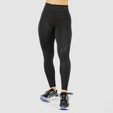 a fit woman wearing legging black with logo and shoes ,plus the background is light grey 