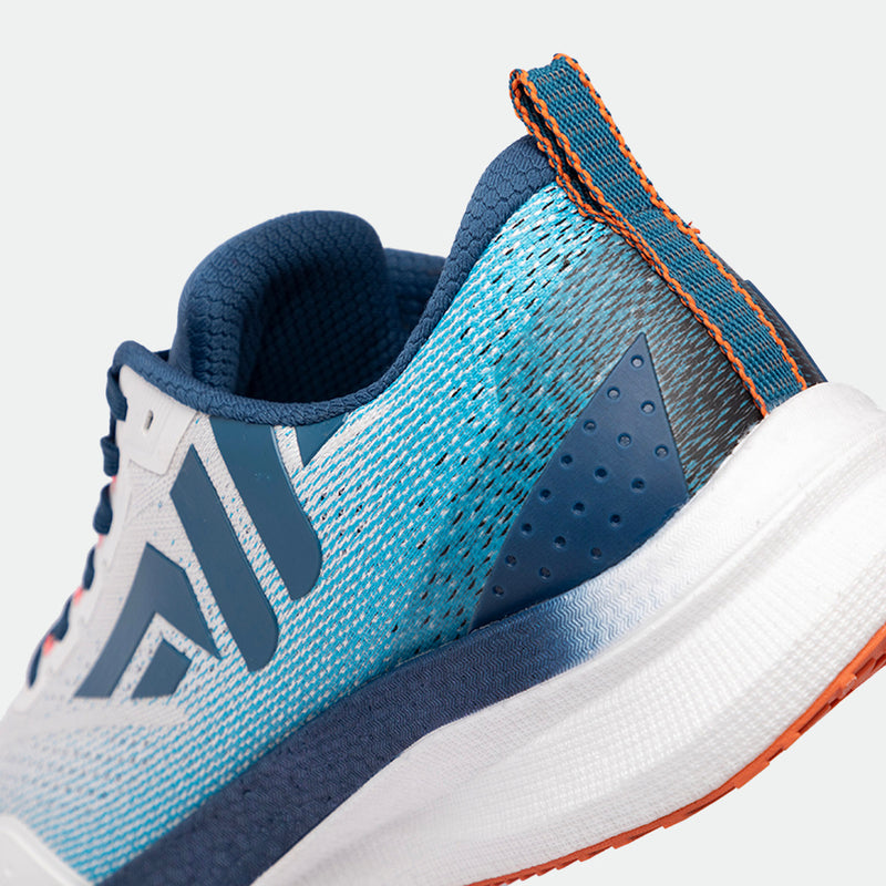 Close-up of a blue and white athletic shoes focusing on the heel. Features include textured fabric, orange stitching, and a sleek, modern design.