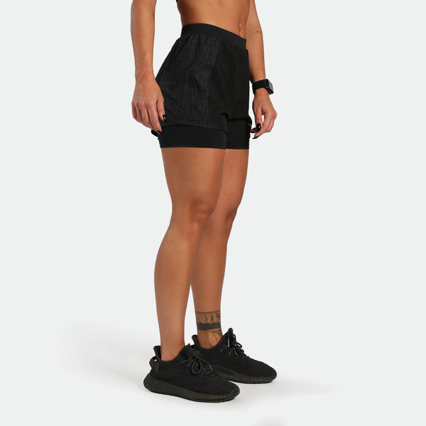 Person wearing black athletic shorts and shoes on a white background