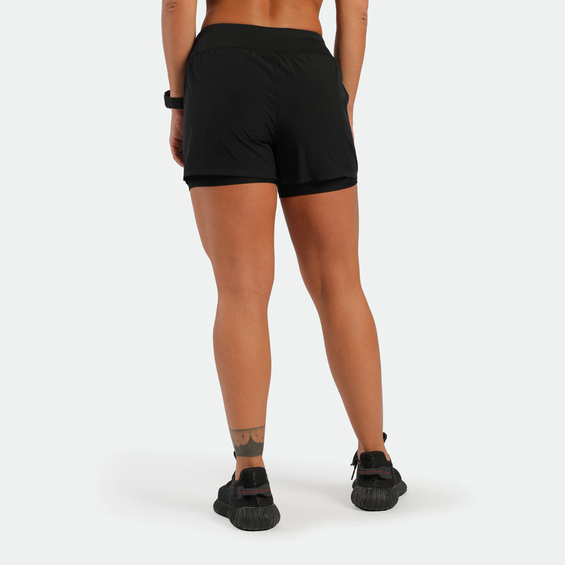 Person wearing black athletic shorts on a white background