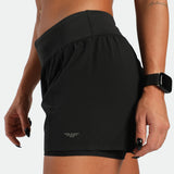 Black athletic skirt worn by a person on a plain background
