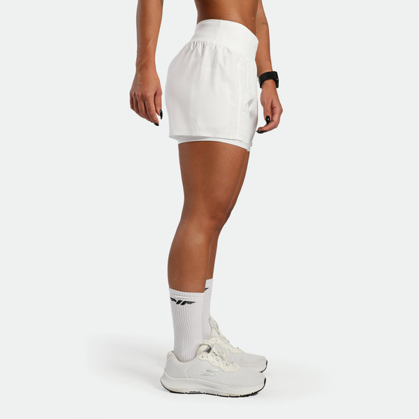 Person wearing white athletic shorts and white sneakers on a plain background