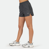 a fit woman stand at right  and wearing short grey with shoes ,plus the background is light grey 