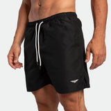 close up view for fit man wearing short black 