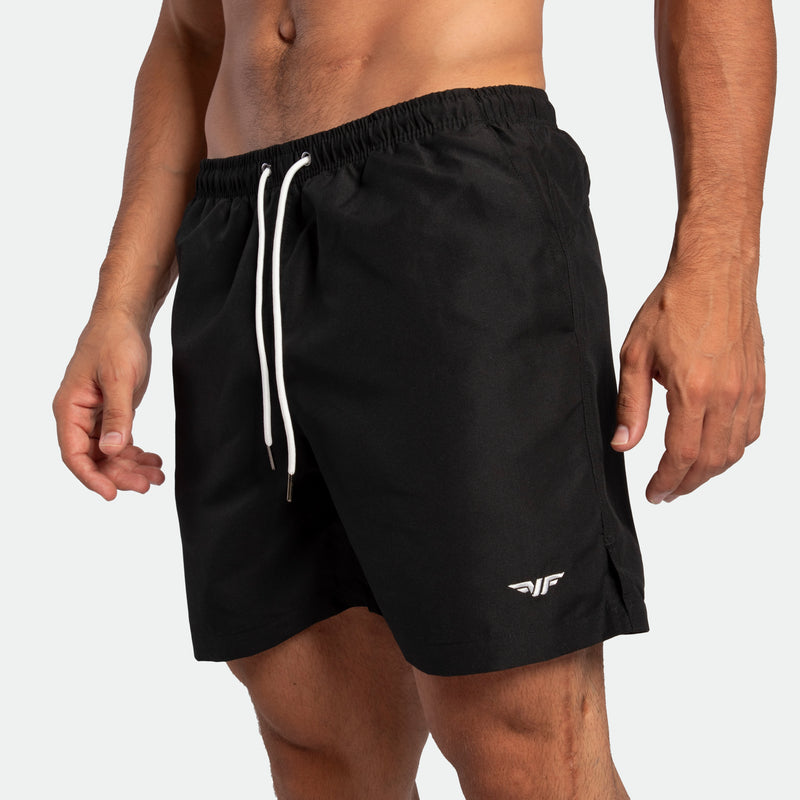 close up view for fit man wearing short black 