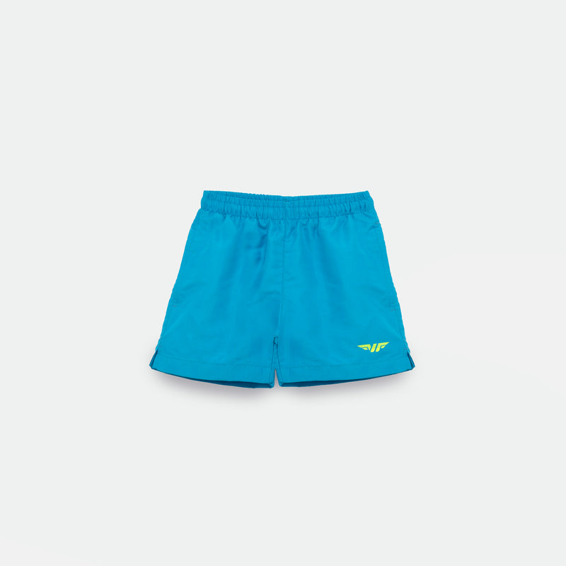 Bright  blue  athletic shorts laid flat on a light background. The shorts have a small white logo on the lower left side and feature a simple, sporty design