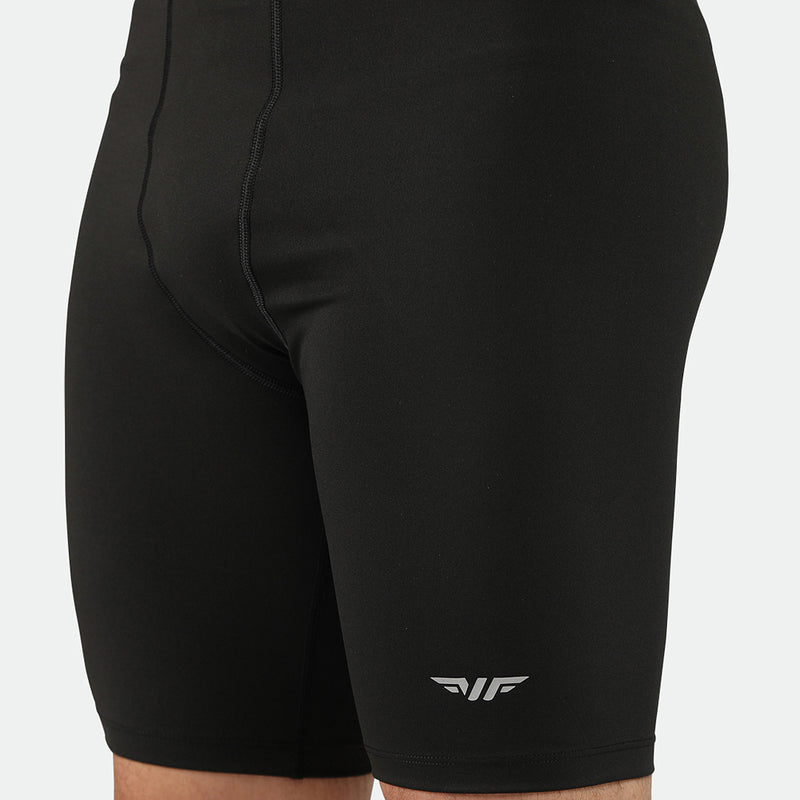 close up view for fit man wearing short black with logo 
