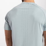 close up view for fit man wearing t-shirt sky blue 