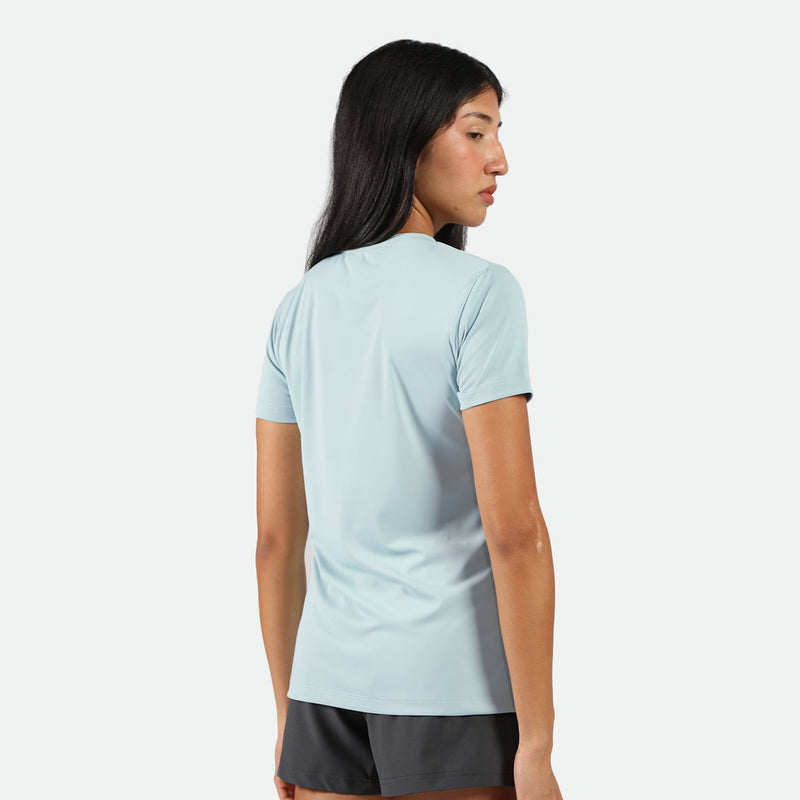 a back view for fit woman wearing t-shirt sky blue  with short grey 