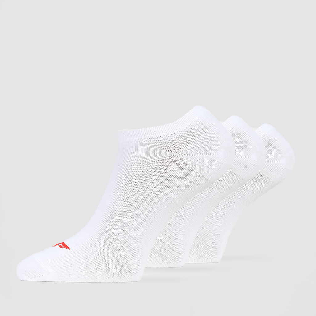 Three pairs of white men's ankle socks with a visible red logo on the heel