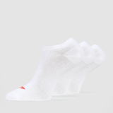 Three pairs of white men's ankle socks with a visible red logo on the heel