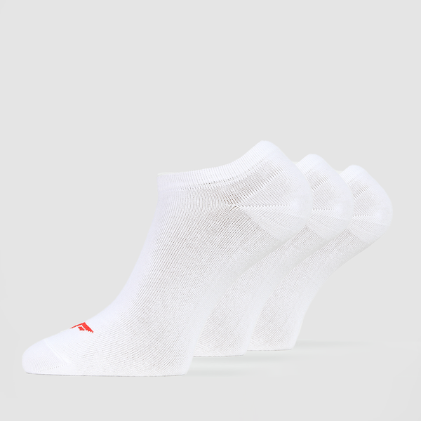 Three pairs of white men's ankle socks with a visible red logo on the heel