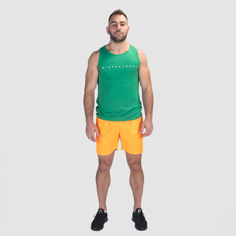 a fit man wearing tank spring green with short yellow, plus shoes black 
