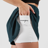 A close-up of a person wearing dark teal athletic shorts with white inner compression shorts. The person is lifting the outer layer of the shorts to reveal a pocket on the inner shorts, which has the word 'innerpeace' printed on it. The background is  light grey 