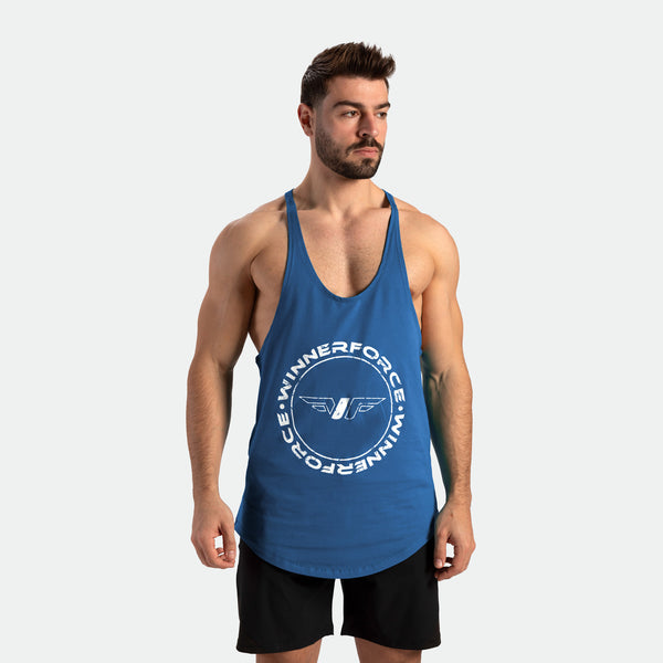 A man wearing a blue tank top with a 'WINNERFORCE' logo on the front.