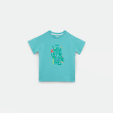 blue short-sleeved t-shirt with a colorful graphic of a red and pink floral design in the center, accented with green leaves.