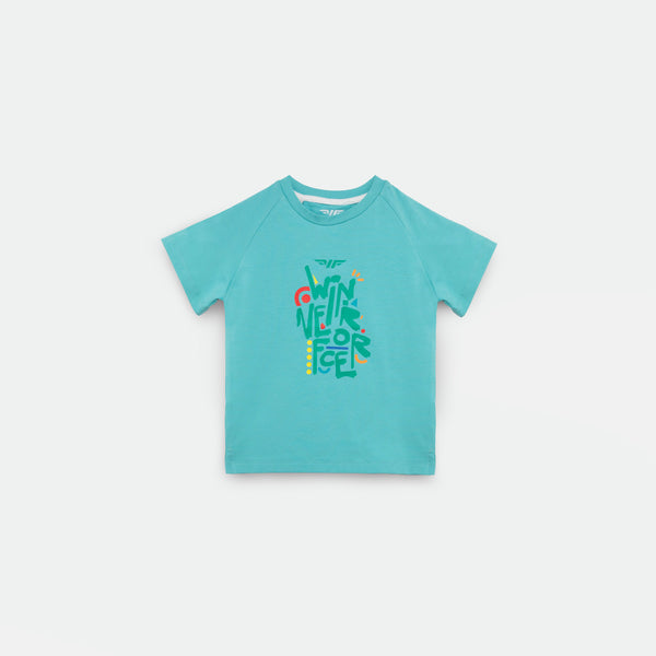 blue short-sleeved t-shirt with a colorful graphic of a red and pink floral design in the center, accented with green leaves.