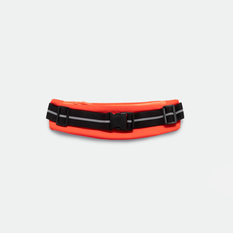 Bright orange waist pack with a black adjustable strap and reflective stripes. It features a secure black buckle, conveying a sporty, functional design.