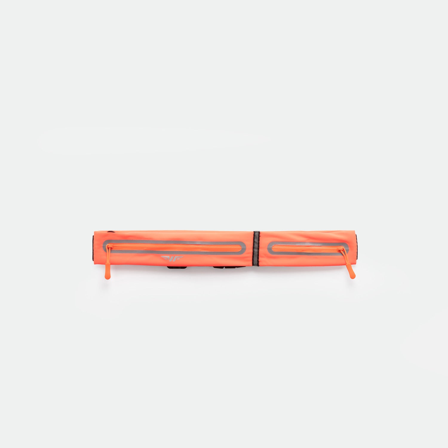 A SUNSET-ORANGE, rectangular zippered pouch with two parallel reflective strips and zipper pulls, displayed against a plain white background