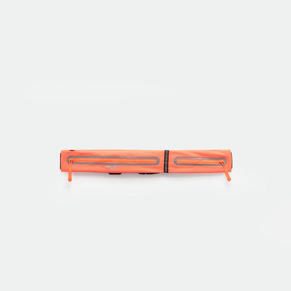 A SUNSET-ORANGE, rectangular zippered pouch with two parallel reflective strips and zipper pulls, displayed against a plain white background